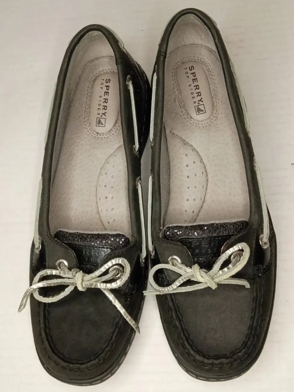 Sperry Angelfish Black Leather Boat Shoes Women’s 7.5M Silver Accents